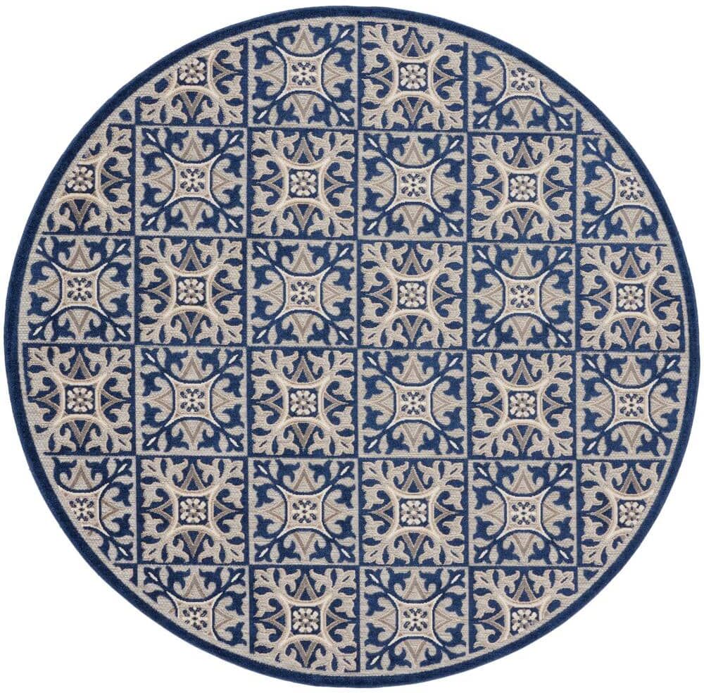 Nourison Aloha Blue 8 ft. x 8 ft. Geometric Moroccan Boho Tile Indoor/Outdoor Round Patio Area Rug