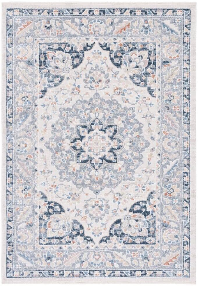 SAFAVIEH Blair Beige/Gray Navy 5 ft. x 8 ft. Machine Washable Border Floral Area Rug