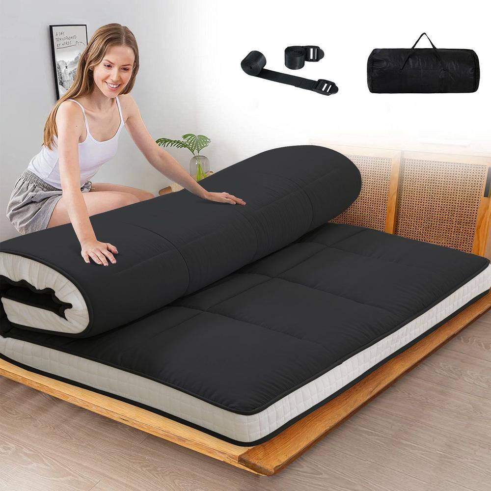 BOZTIY Japanese Floor Mattress 4 in, Polyester Fill Tatami Mat Sleeping Pad Foldable Roll Up Mattress, Queen, Black