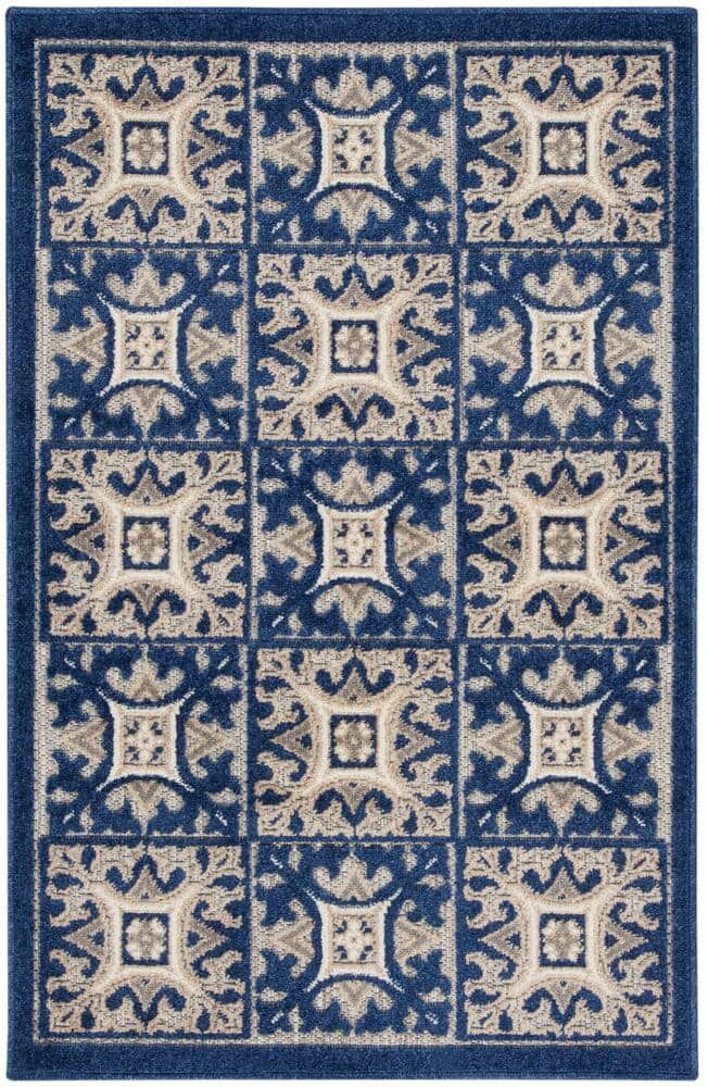 Nourison Aloha Blue 3 ft. x 4 ft. Moroccan Boho Geometric Indoor/Outdoor Bathroom Area Rug