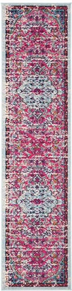 SAFAVIEH Madison Fuchsia/Teal 2 ft. x 18 ft. Border Geometric Floral Medallion Runner Rug