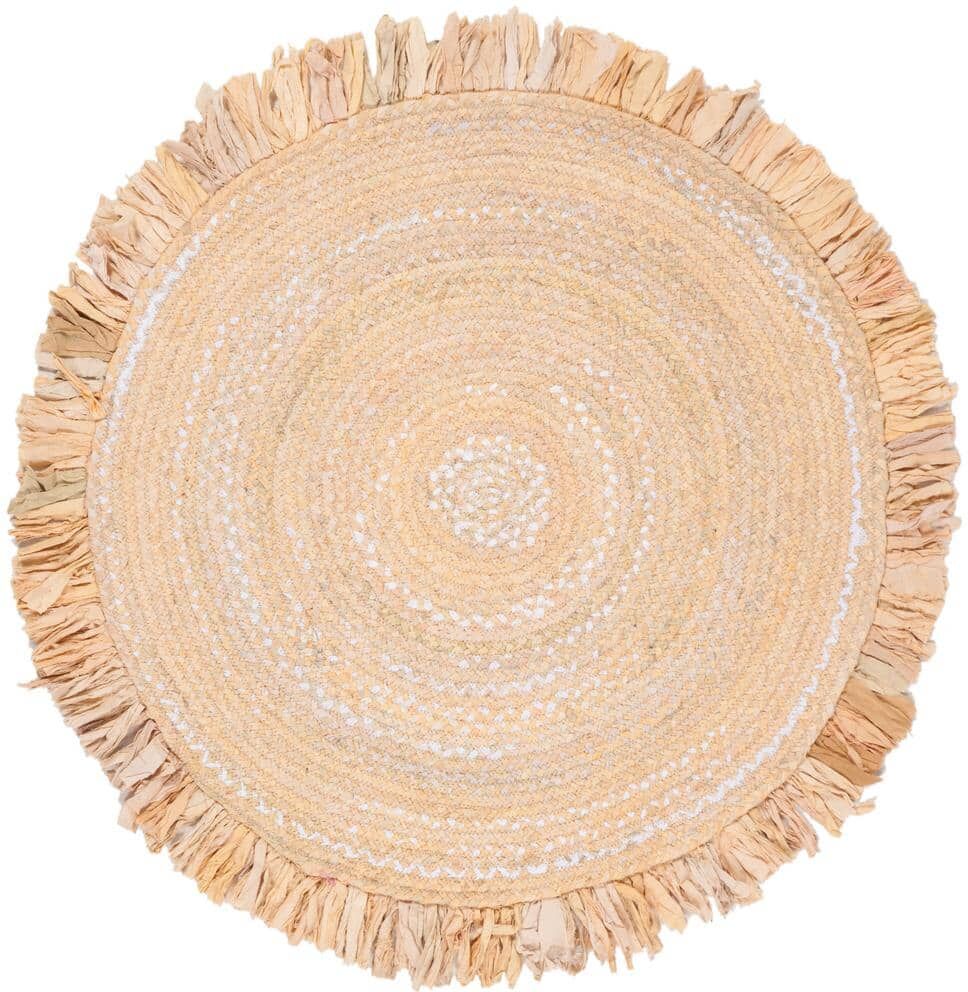 SAFAVIEH Braided Beige 4 ft. x 4 ft. Round Solid Striped Area Rug