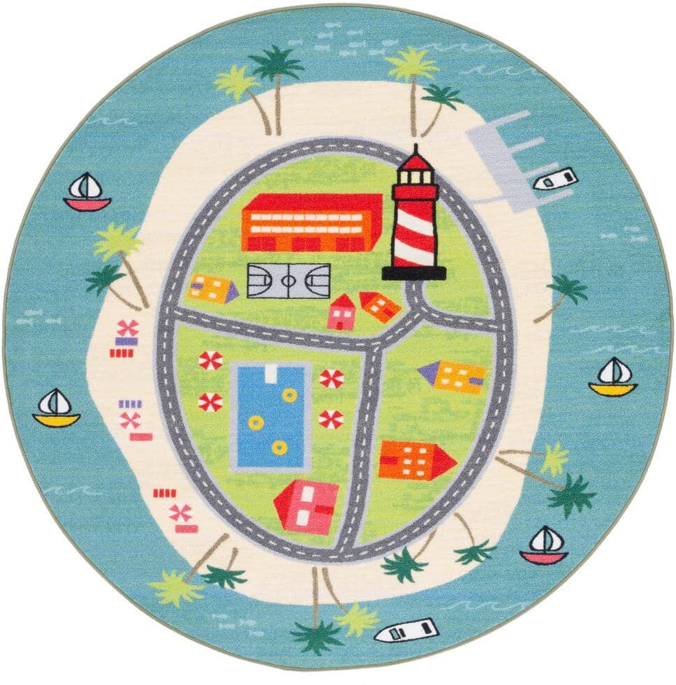 SAFAVIEH Kids Playhouse Blue/Green 5 ft. x 5 ft. Machine Washable Novelty Round Area Rug