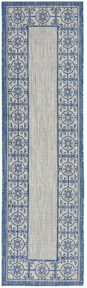 Nourison Garden Party Ivory Blue 2 ft. x 8 ft. Kitchen Runner Bordered Transitional Indoor/Outdoor Patio Area Rug