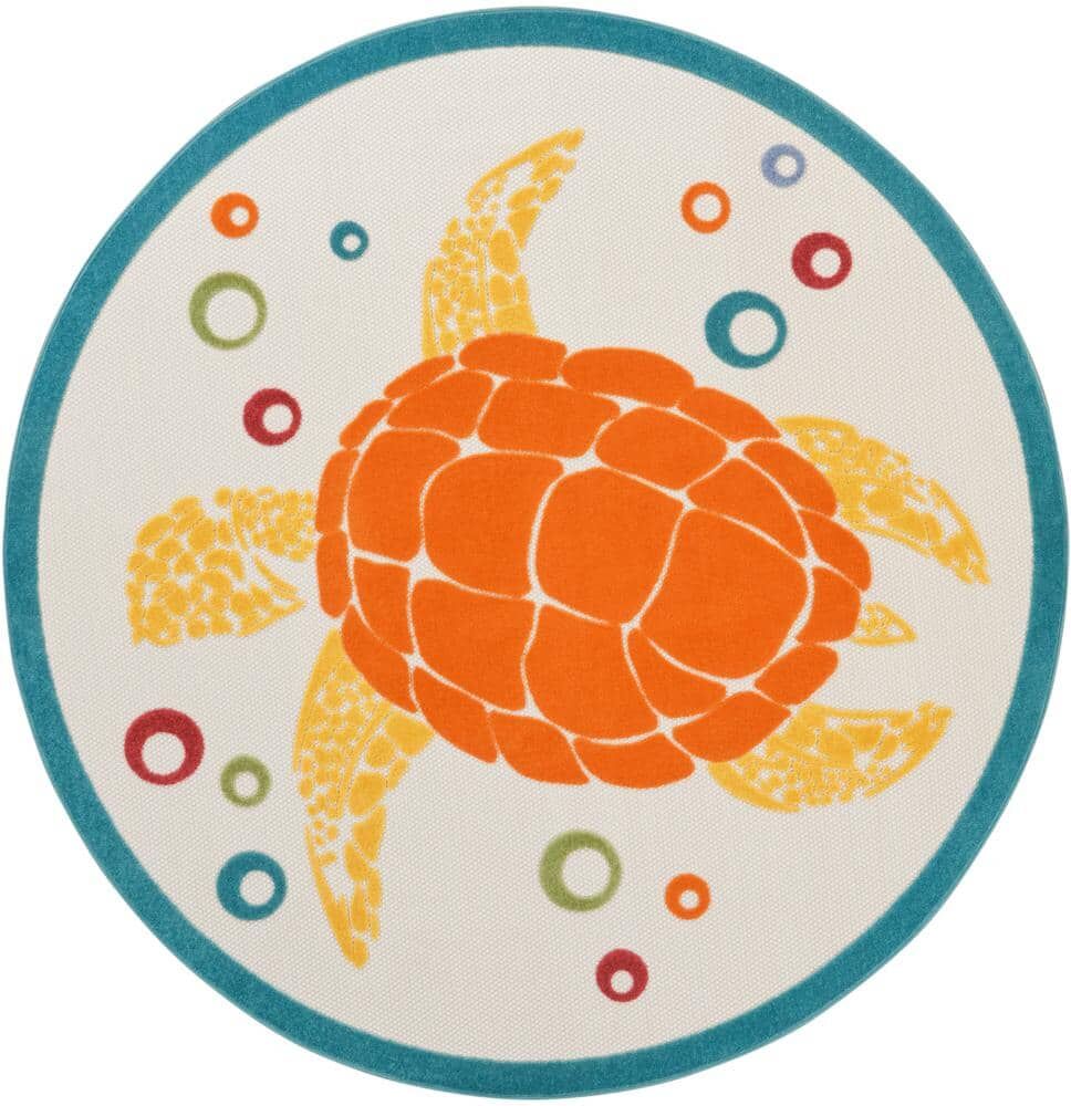 Nourison Aloha Teal Multi 5 ft. x 5 ft. Coastal Sea Turtle Contemporary Indoor/Outdoor Round Dining Room Area Rug