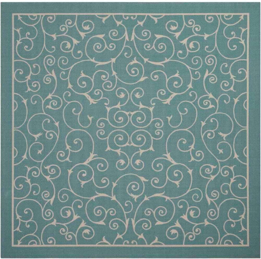 Nourison Home & Garden Light Blue 9 ft. x 9 ft. Bordered Transitional Indoor/Outdoor Square Area Rug