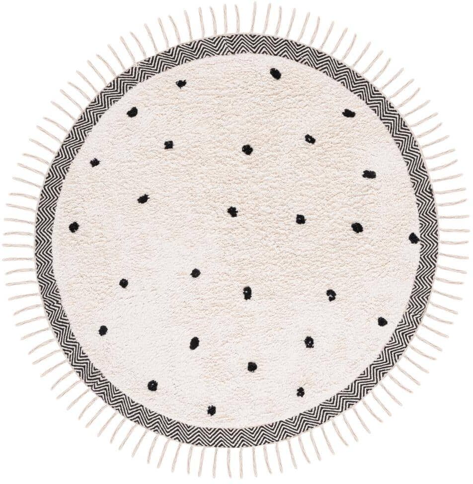 SAFAVIEH Easy Care Ivory/Black 3 ft. x 3 ft. Machine Washable Pokat Dot Border Solid Color Round Area Rug