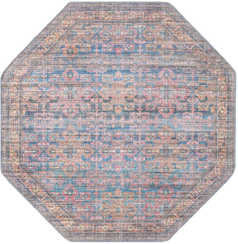 Unique Nostalgia Bliss Antique Blue 5 ft. 3 in. x 5 ft. 3 in. Machine Washable Area Rug