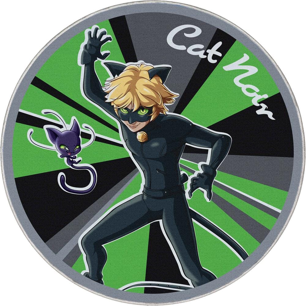 Well Woven Miraculous Ladybug Green 3 ft. 11 in. Round Cat Noir Area Rug