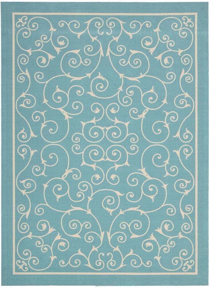 Nourison Home and Garden Pavilion Light Blue 8 ft. x 11 ft. Floral Transitional Indoor/Outdoor Patio Area Rug