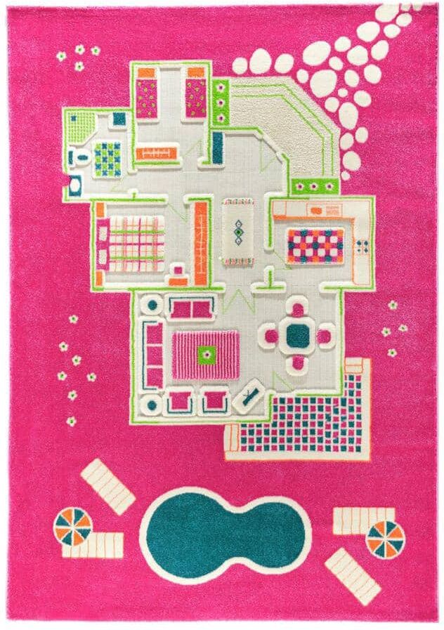 ivi Playhouse Pink 3D 5 ft. x 7 ft. 3D Soft and Cozy Non-Toxic Polypropylene Play Area Rug for Kids Bedroom or Playroom