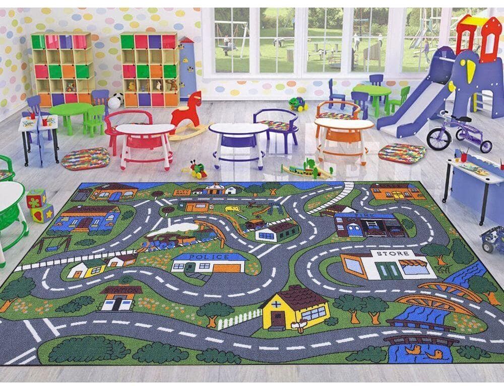 Ottomanson Jenny Collection Non-Slip Rubberback Educational Town Traffic Play 3x5 Kid's Area Rug,3 ft. 3 in.x5 ft.,Green/Multicolor