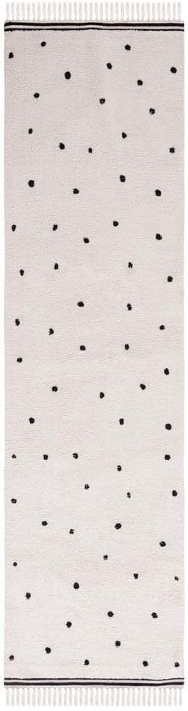 SAFAVIEH Easy Care Ivory/Black 2 ft. x 9 ft. Machine Washable Pokat Dot Border Solid Color Runner Rug