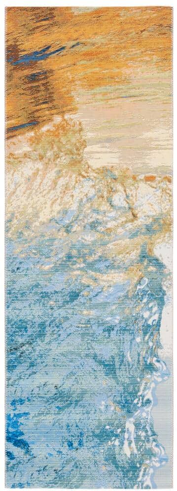 SAFAVIEH Barbados Blue/Gold 3 ft. x 10 ft. Runner Gradient Waves Indoor/Outdoor Area Rug