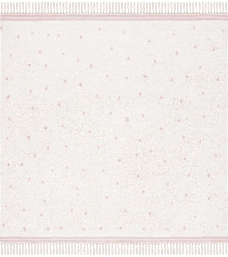 SAFAVIEH Easy Care Ivory/Pink 6 ft. x 6 ft. Machine Washable Polka Dot Border Solid Color Square Area Rug