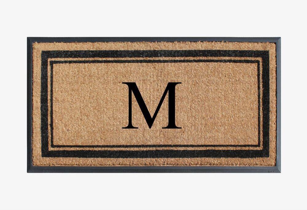 A1 Home Collections A1HC Border Black/Beige 24 in x 48 in Rubber & Coir Non-Slip Backing Thin Profile Outdoor Durable Monogrammed M Doormat