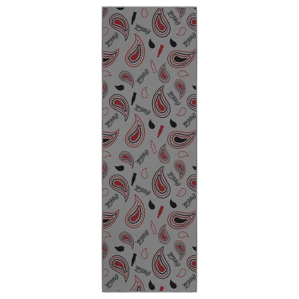 Ottomanson Grey/Multi 2 ft. x 5 ft. For Man Cave Bedroom Kitchen Coca-Cola Paisley Washable Non-Slip Runner Rug