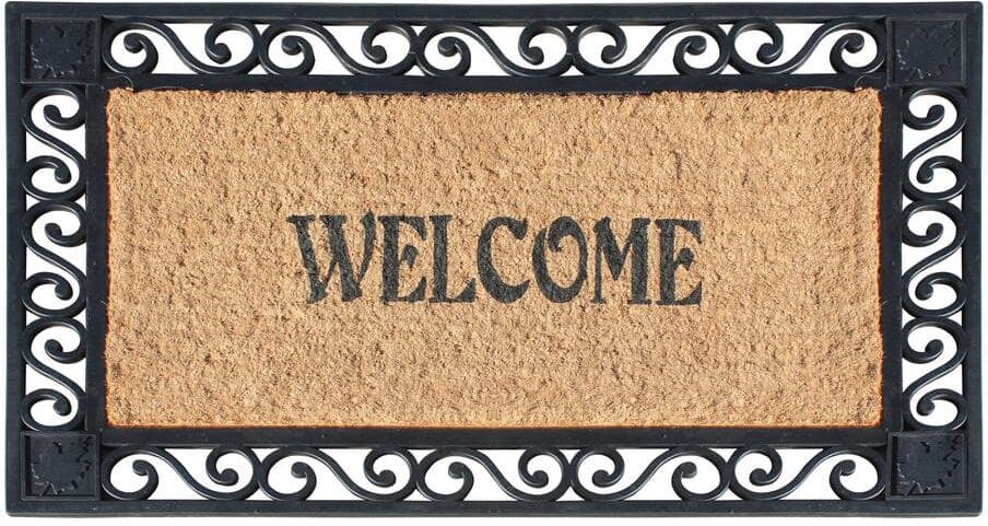 A1 Home Collections A1HC Welcome Mat Black/Beige 23 in. x 38 in. Rubber and Coir Heavy Duty, Non-Slip Extra Large Double Door Mat