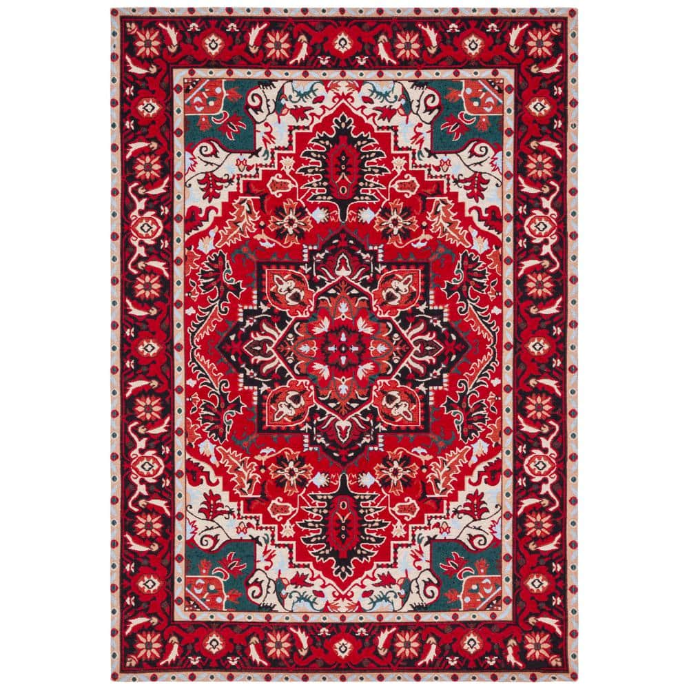 SAFAVIEH Easy Care Red/Black 4 ft. x 6 ft. Machine Washable Border Medallion Floral Area Rug