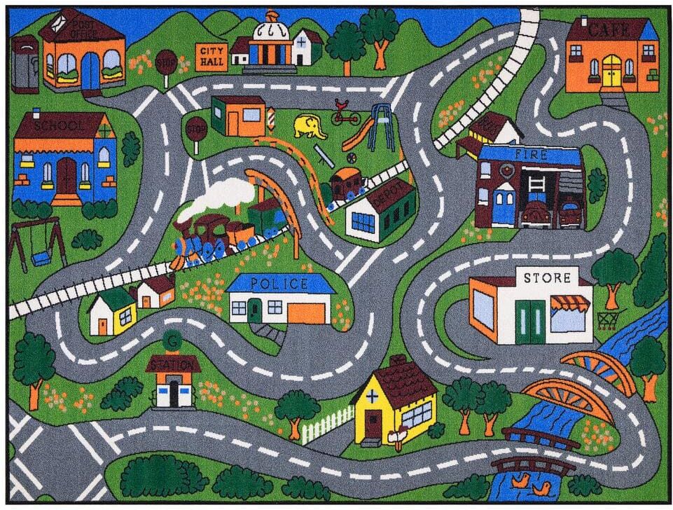 Ottomanson Kid's Collection Non-Slip Rubberback Educational Town Traffic Play 5x7 Area Rug, 5 ft. x 6 ft. 6 in., Green/Multicolor