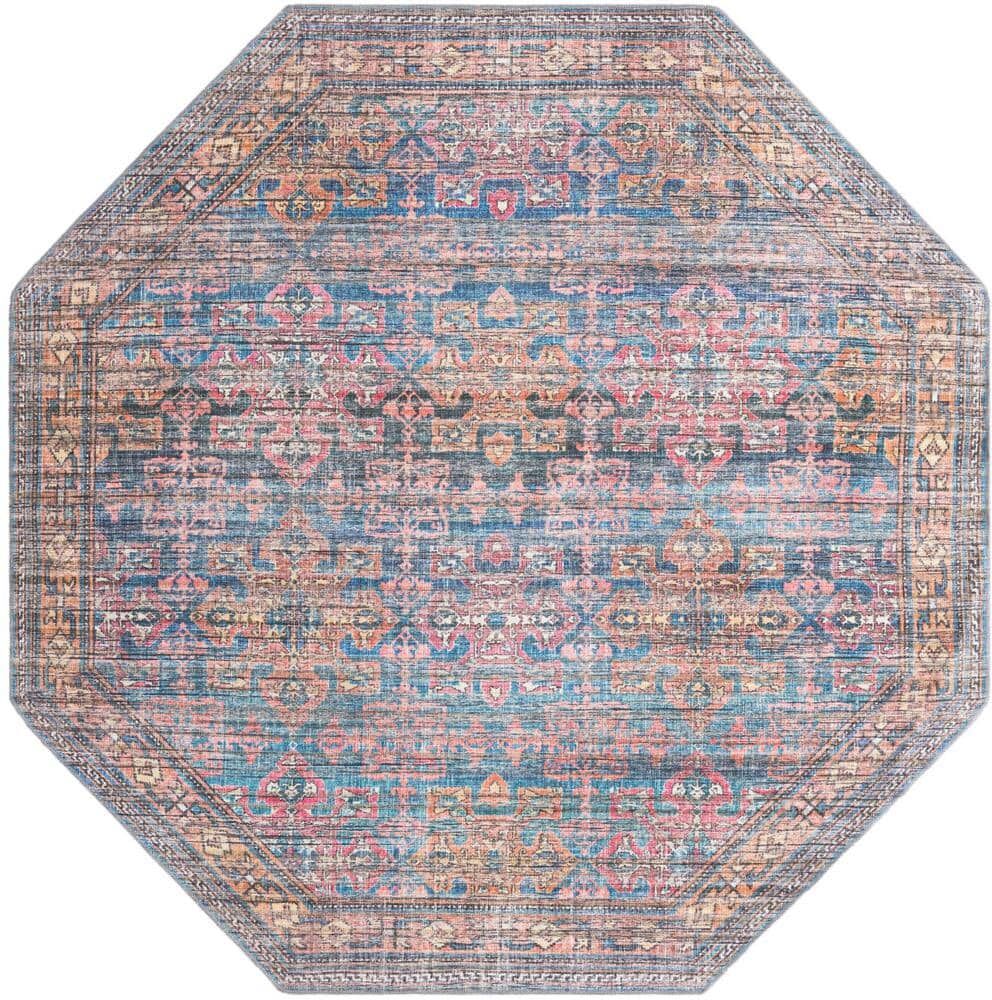 Unique Nostalgia Bliss Antique Blue 8 ft. Octagon Machine Washable Area Rug