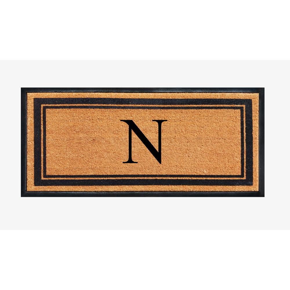 A1 Home Collections A1HC Markham Picture Frame Black/Beige 30 in. x 60 in. Coir and Rubber Flocked Large Outdoor Monogrammed N Door Mat