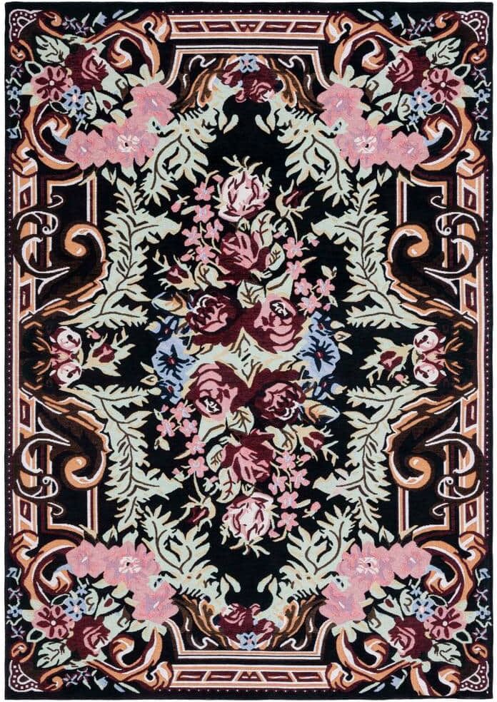 SAFAVIEH Easy Care Black/Pink 2 ft. x 3 ft. Machine Washable Border Floral Area Rug