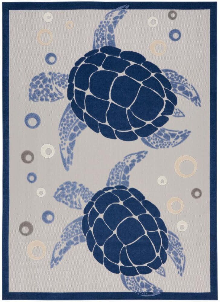 Nourison Aloha Navy Blue 8 ft. x 11 ft. Coastal Sea Turtle Botanical Indoor/Outdoor Patio Area Rug