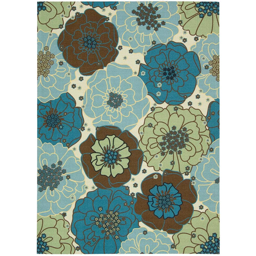 Nourison Home and Garden Chrysanthemum Light Blue 8 ft. x 11 ft. Floral Contemporary Indoor/Outdoor Patio Area Rug