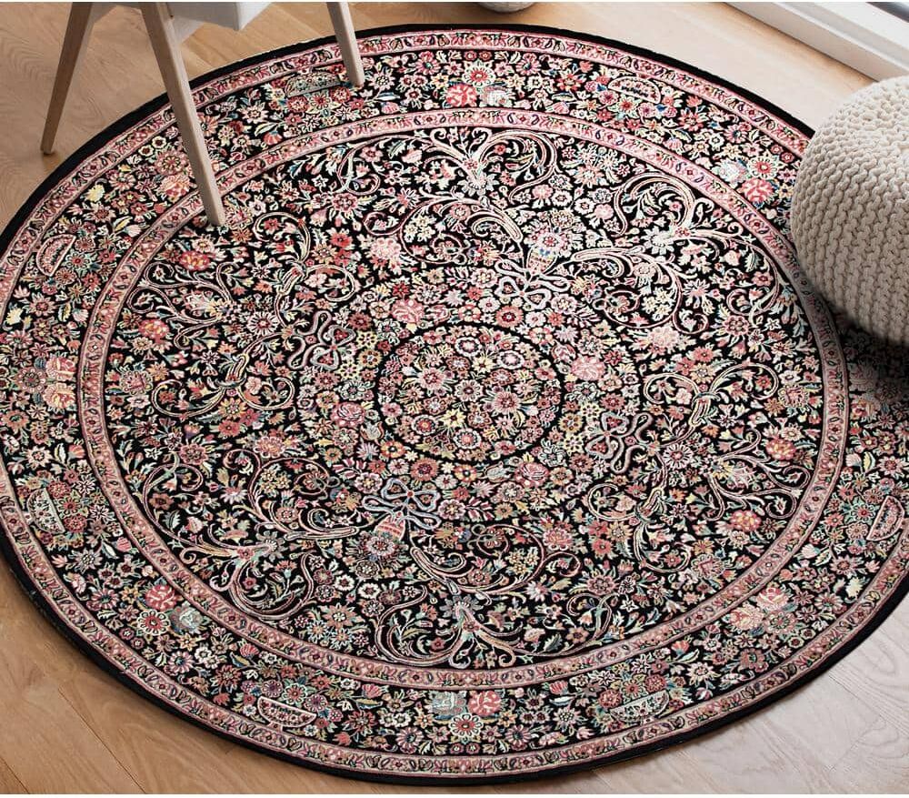 EORC Black Hand Knotted Wool Traditional Finely Woven Indo Tabriz Rug, 8'4 X 8'4 Area Rug, 8 Round