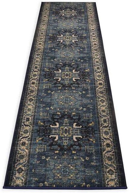 Antique Collection Series Medallion Navy Blue 26 in. x 19 ft. Your Choice Length Stair Runner