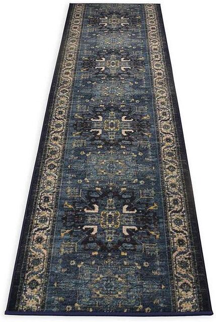 Antique Collection Series Medallion Navy Blue 35 in. x 12 ft. Your Choice Length Stair Runner