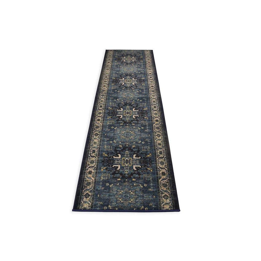 Antique Collection Series Medallion Navy Blue 35 in. x 29 ft. Your Choice Length Stair Runner