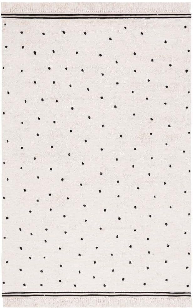 SAFAVIEH Easy Care Ivory/Black 8 ft. x 10 ft. Machine Washable Polka Dot Border Solid Color Area Rug