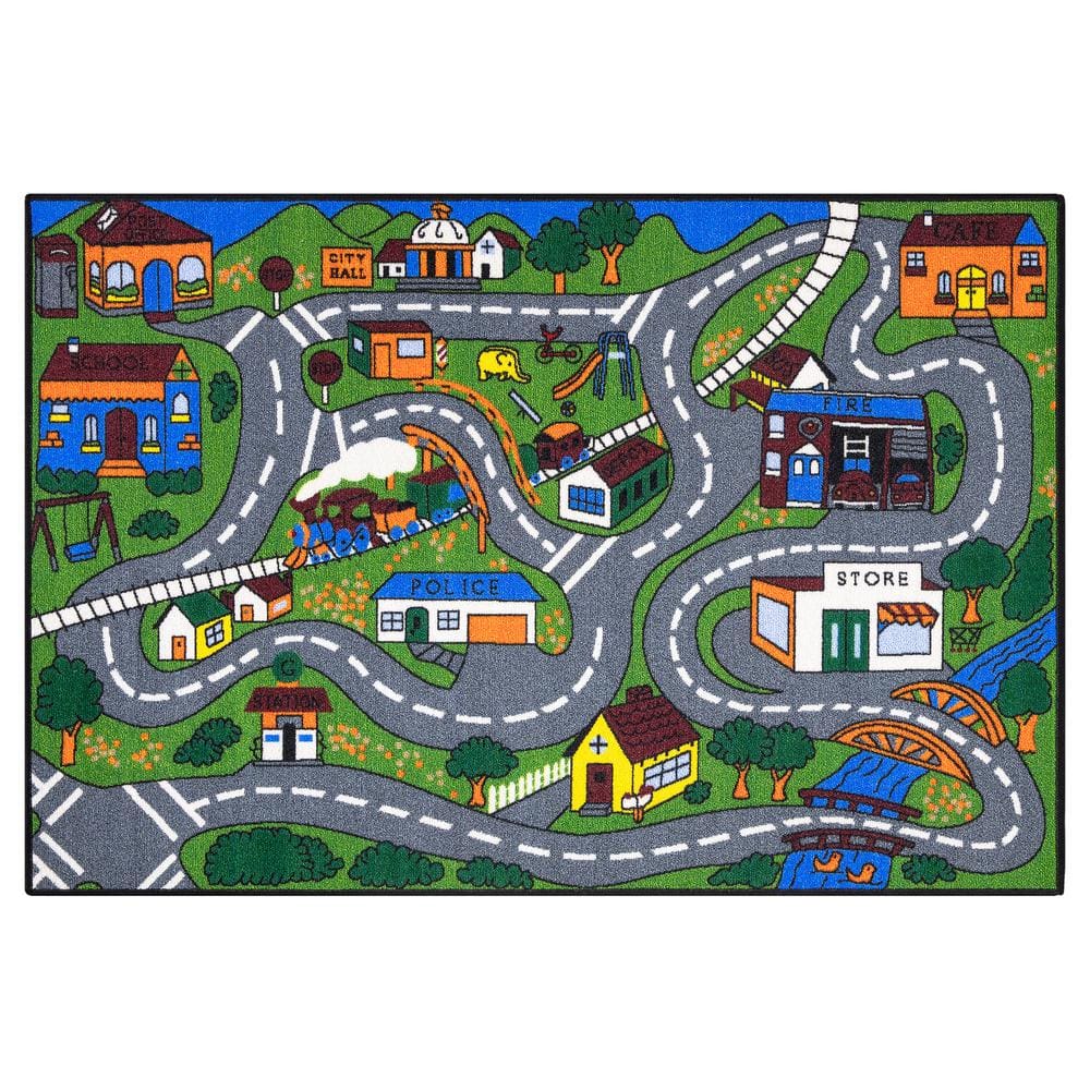 Ottomanson Kid's Collection Non-Slip Rubberback Educational Town Traffic Play 3x5 Area Rug, 3 ft. 3 in. x 5 ft., Green/Multicolor