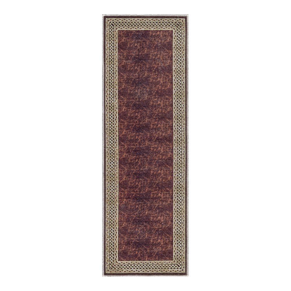 Ottomanson Non-Shedding Washable Wrinkle-Free Cotton Flatweave Border 2x5 Living Room Runner Rug 20 in. x 59 in.,Brown/Gold