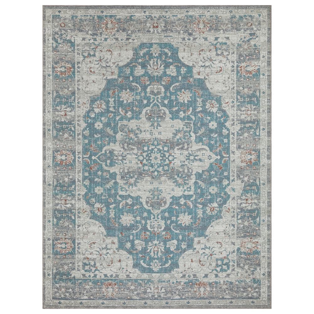 Ottomanson Non Shedding Washable Wrinkle-free Flatweave Medallion 4x6 Living Room Area Rug, 4 ft. x 6 ft., Greenish Blue