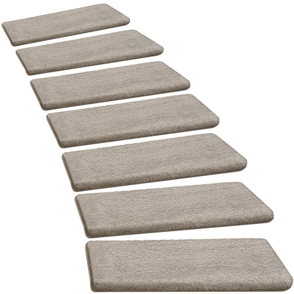 Pure Cream Gray 9.5 in. x 30 in. x 1.2 in. Bullnose Plush Carpet Stair Tread Cover Tape Free Non-slip Set of 7