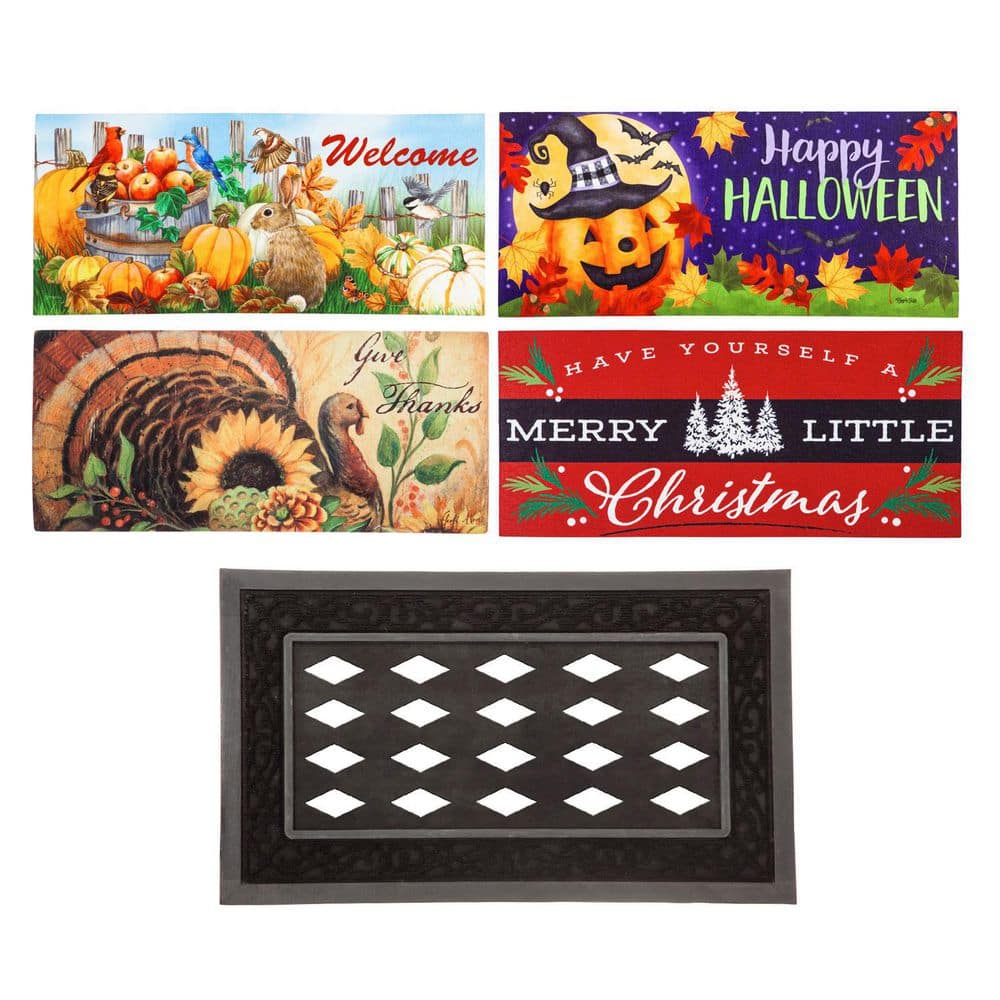 Evergreen Sassafras Fall Holiday Set of 5 Door Mats with Rubber Display Frame, Collection #2
