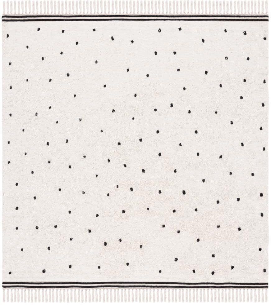 SAFAVIEH Easy Care Ivory/Black 6 ft. x 6 ft. Machine Washable Polka Dot Border Solid Color Square Area Rug