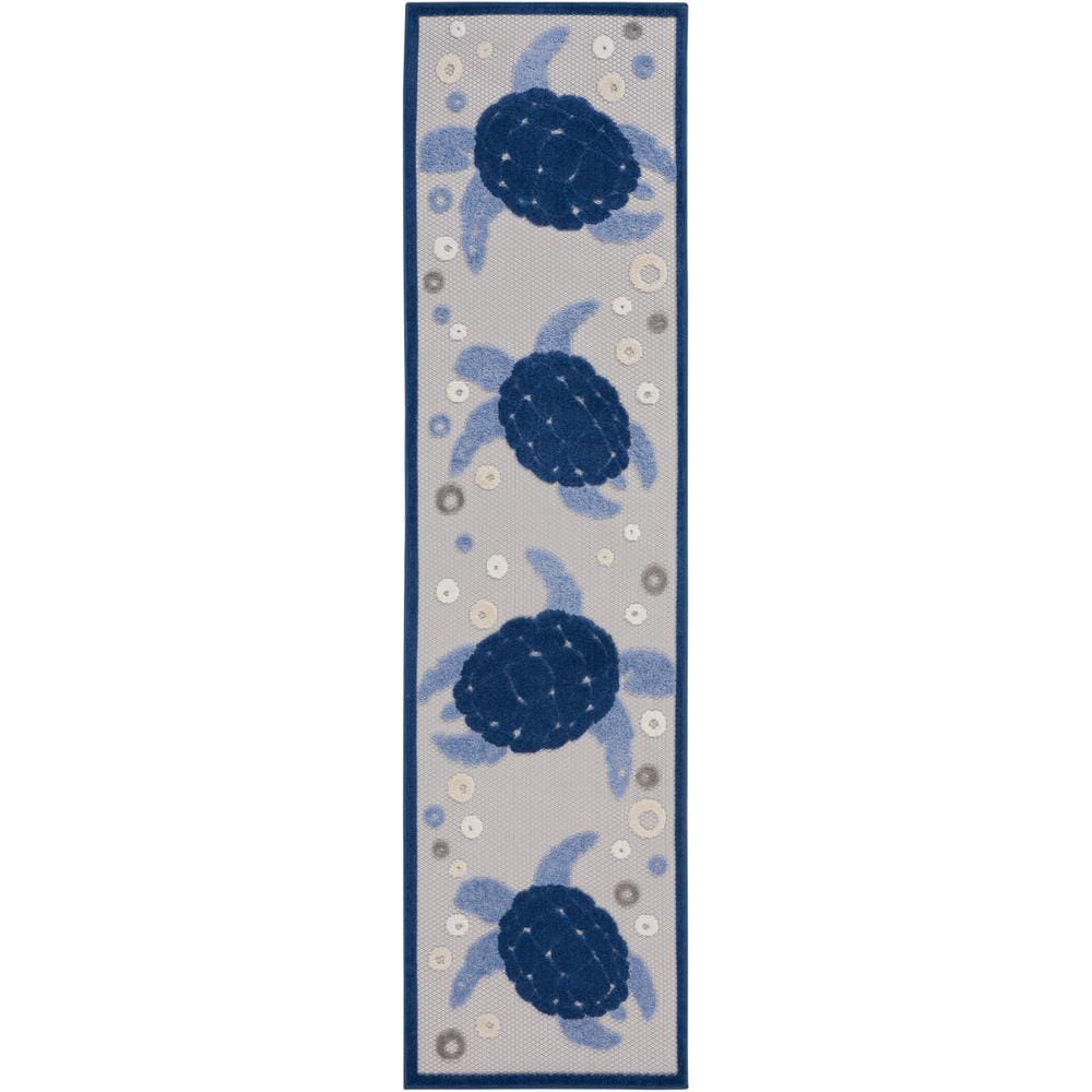 Nourison Aloha Navy Blue 2 ft. x 8 ft. Beach Sea Turtle Abstract Contemporary Indoor/Outdoor Runner Area Rug