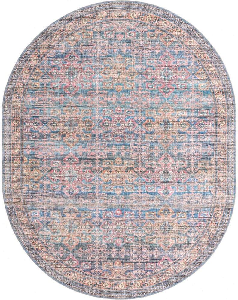 Unique Nostalgia Bliss Antique Blue 8 ft. x 10 ft. Oval Machine Washable Area Rug