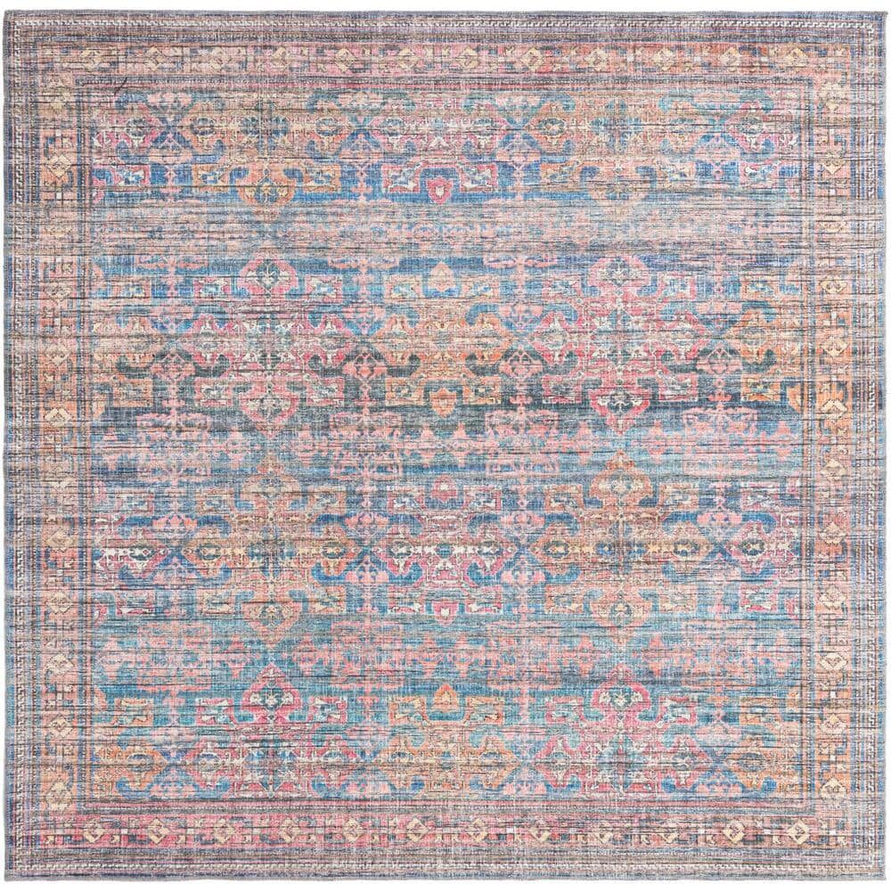 Unique Nostalgia Bliss Antique Blue 8 ft. Square Machine Washable Area Rug