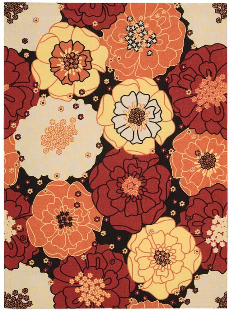 Nourison Home and Garden Chrysanthemum Black 5 ft. x 7 ft. Floral Contemporary Indoor/Outdoor Patio Area Rug