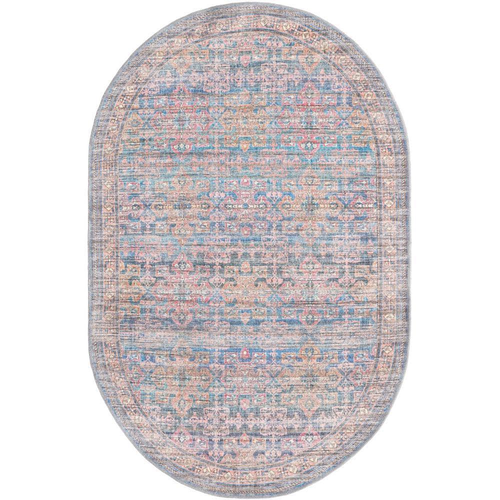 Unique Nostalgia Bliss Antique Blue 4 ft. x 6 ft. Oval Machine Washable Area Rug