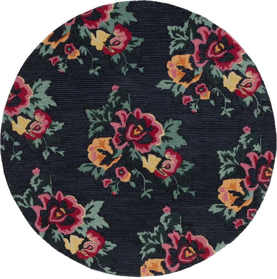 SAFAVIEH Jardin Black/Pink 6 ft. x 6 ft. Floral Striped Round Area Rug