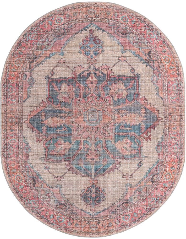 Unique Nostalgia Ella Antique Beige 8 ft. x 10 ft. Oval Machine Washable Area Rug