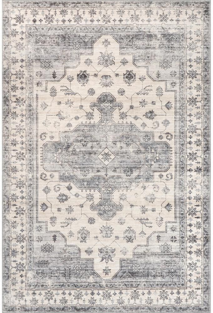 nuLOOM Banks Machine Washable Light Grey 4 ft. x 6 ft.  Medallion Area Rug