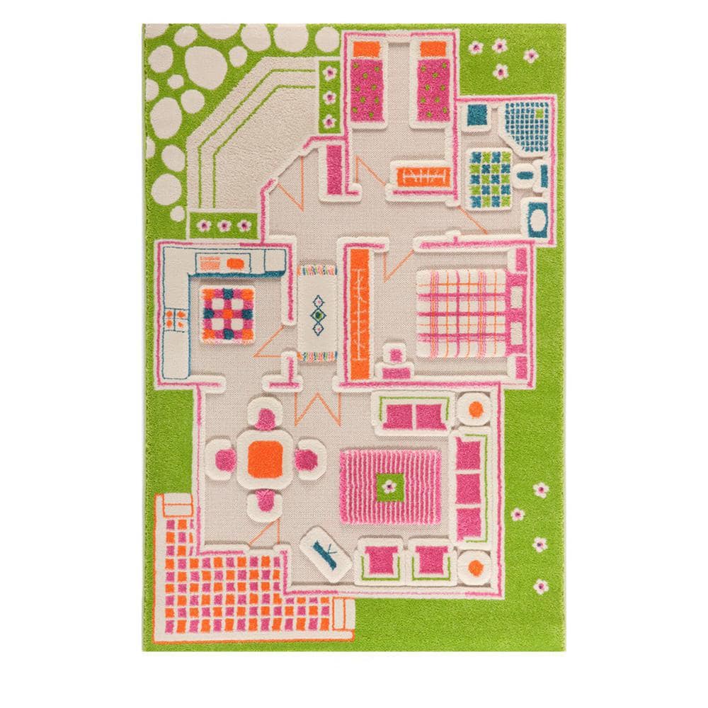 ivi Playhouse Green 3D 3 ft. x 5 ft. 3D Soft and Cozy Non-Toxic Polypropylene Play Area Rug for Kids Bedroom or Playroom
