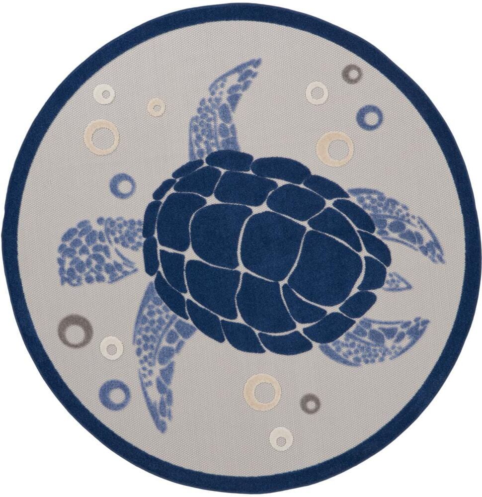 Nourison Aloha Navy Blue 5 ft. x 5 ft. Coastal Sea Turtle Beach Contemporary Indoor/Outdoor Round Area Rug